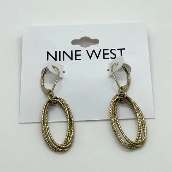 Nine West Gold-Tone Textured Oval Drop Earrings With Leverback Closure - Picture 2 of 11